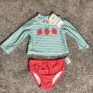 NWT Strawberry print stripe print rash guard & Polka dot Swim bottoms sz 3-6 MO